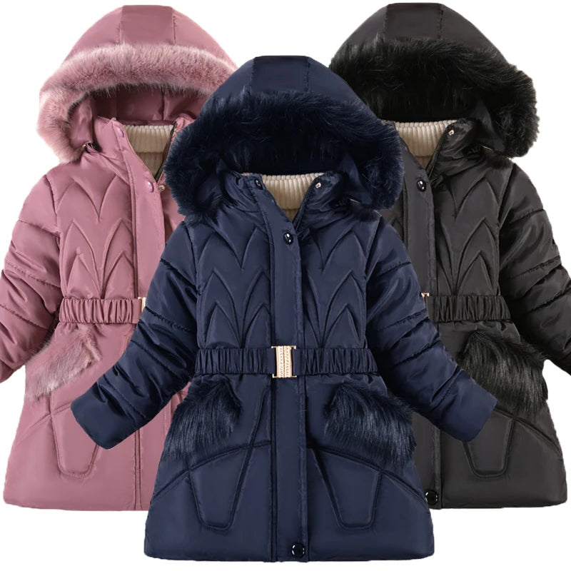 New Winter Keep Warm Girls Jacket  Waist Belt Design Detachable Hat Lining Plush Hooded Heavy Coat For Kids