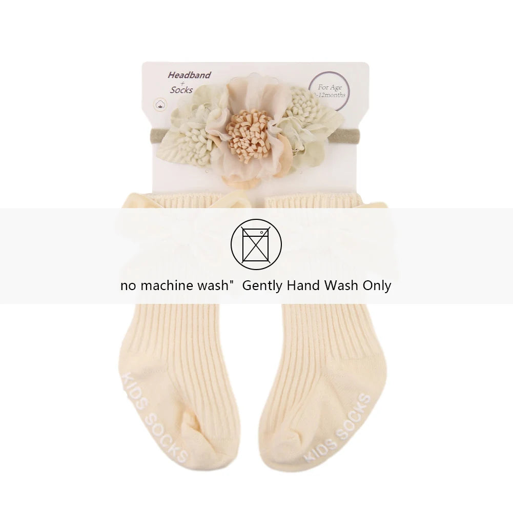 3Pcs/Set Ins Cream Color Latte Artificial Flower Headbands & Ribbed Short Socks Anti-Slip Cotton 0-12M Sockfor Infant Baby