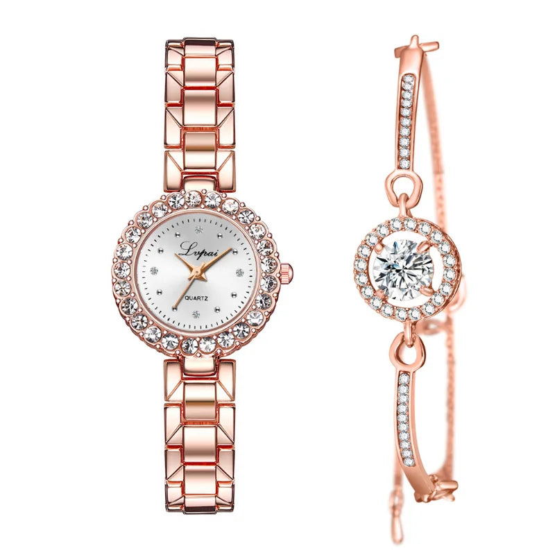 2PCS Set Luxury Alloy Bracelet Quartz Watch with Rhinestone Diamond Dial, Hidden Clasp for Women reloj mujer