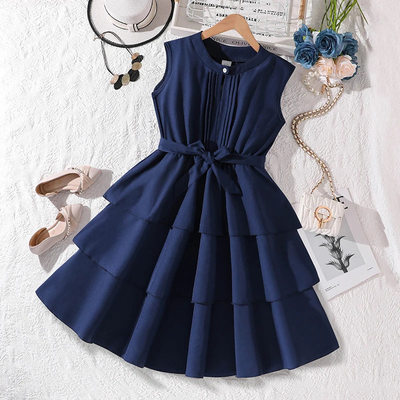 Girls 8-12 Fashion Dress, Solid Color Stand Collar Button A-Line Tiered Dress, Chic and Stylish for Daily Outings