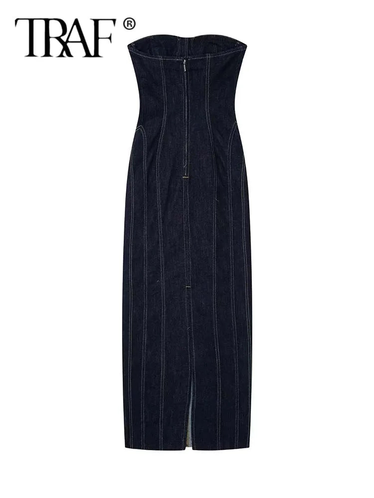 TRAF Denim Long Dresses For Women 2023 Summer Sexy Off Shoulder Dress Woman Elegant Party Dresses Ladies Backless Corset Dresses