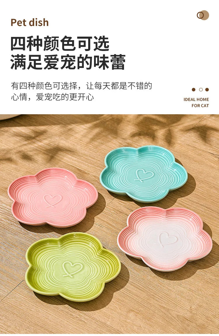 High Aesthetic Ceramic Pet Bowl with Wood Stand, Shallow Dish for Cat Snacks, Cute Bow Knot Pattern, Cat Food Dish,Home Kitchen