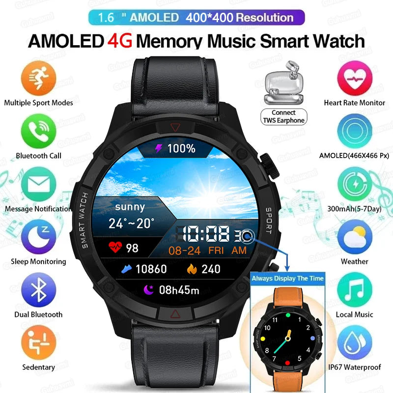 New Smart Watch Mens 4G Memory Local Music Player 454*454 AMOLED Screen Bluetooth Call Sports Man Smartwatch For Man Android iOS