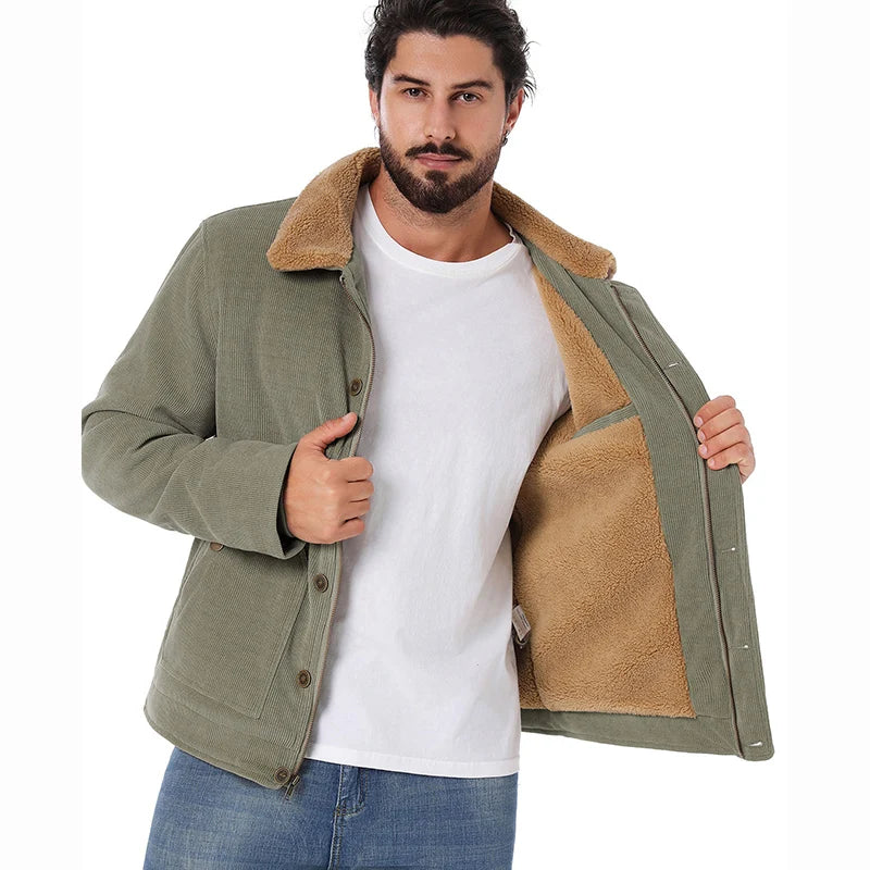 Men's Winter Corduroy Jacket Fleece Warm  Lined Cargo Work Jacket Casual Thick Sherpa Collar Trucker Deck Navy Coats