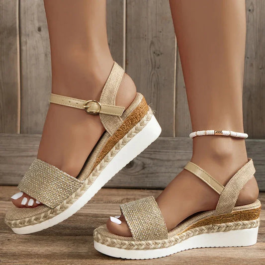 Canvas Espadrilles Wedge Sandals for Women 2025 Summer Casual Ankle Strap Platform Sandles Woman Thick Sole Non Slip Beach Shoes