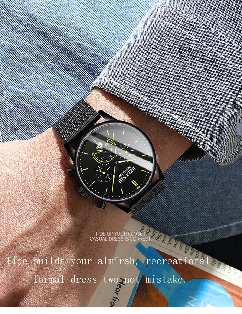 BELUSHI Cool Ultra Thin Mens Watch Luxury Multifunction Stopwatch Calendar Luminous Male Clock Waterproof Mesh Strap Reloj Hombr