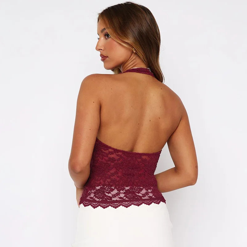 Women Summer Halter Tank Tops Hot Girls Sexy Hollow Out Lace Backless Vest Crop Tops