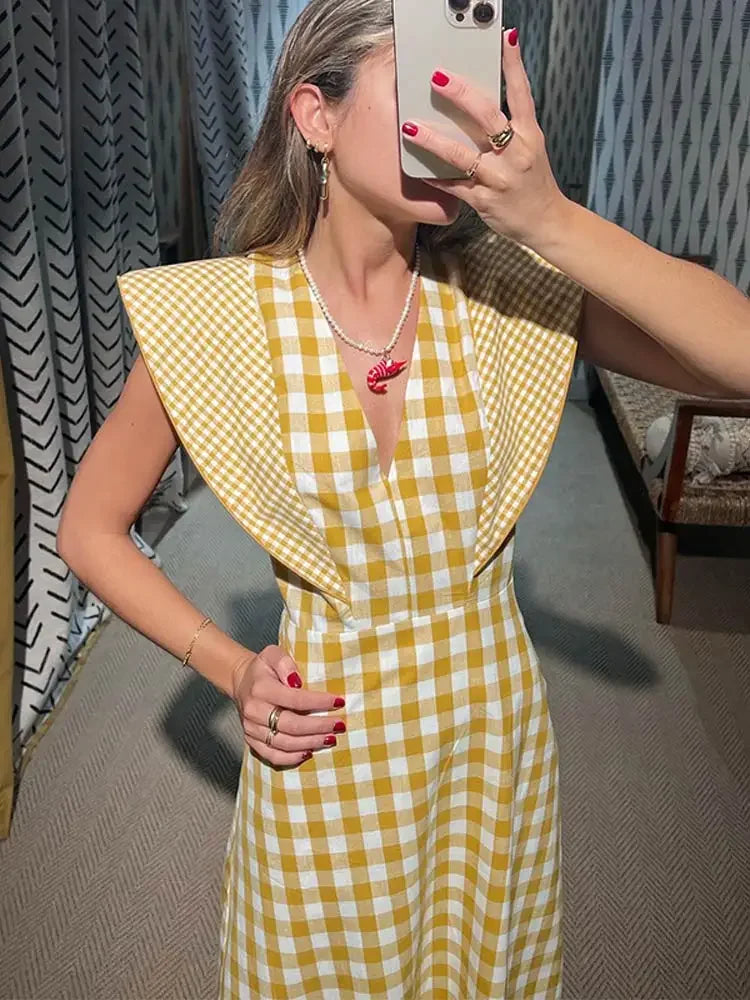 Women V Neck Plaid Print Maxi Dress Fashion Fly Sleeve High Waist Big Hem Slim Long Dresses Summer New Lady Holiday Vestidos