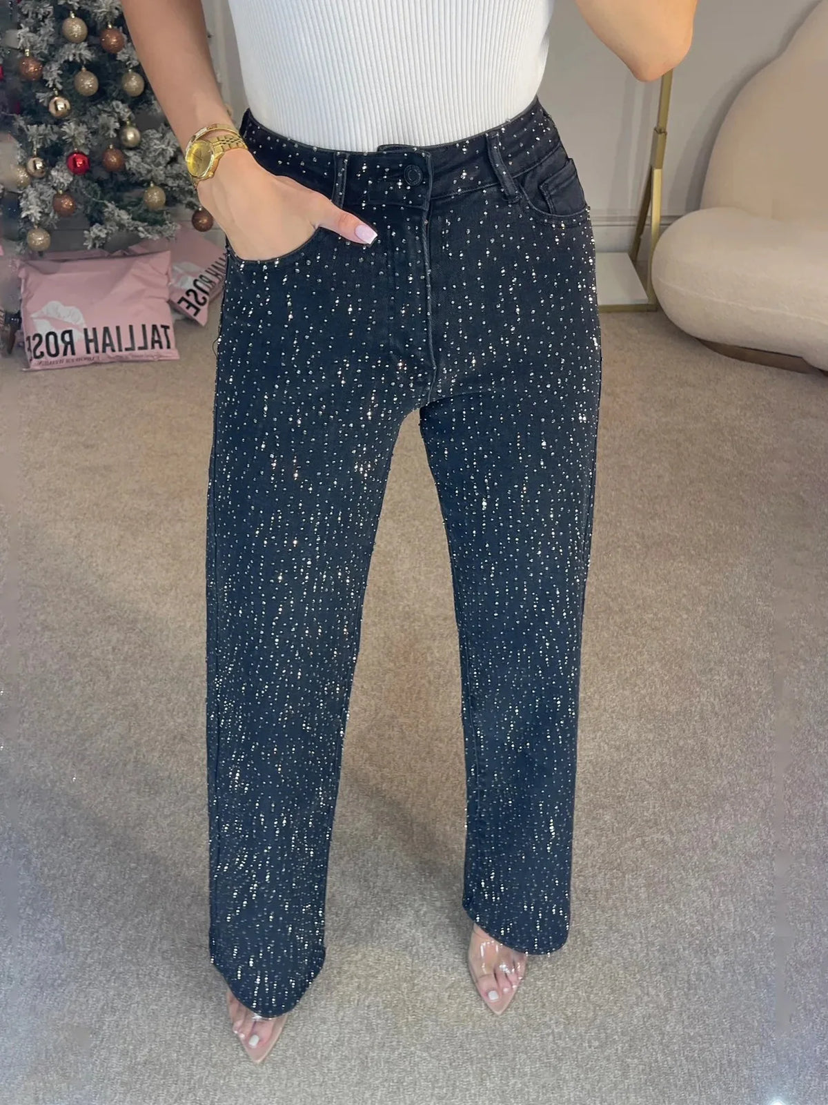 Jeans for Women Straight Diamonds Pants Stretch High Waist Washed Mom Jeans Vintage Denims Streetwear Y2k Streetwear Trousers