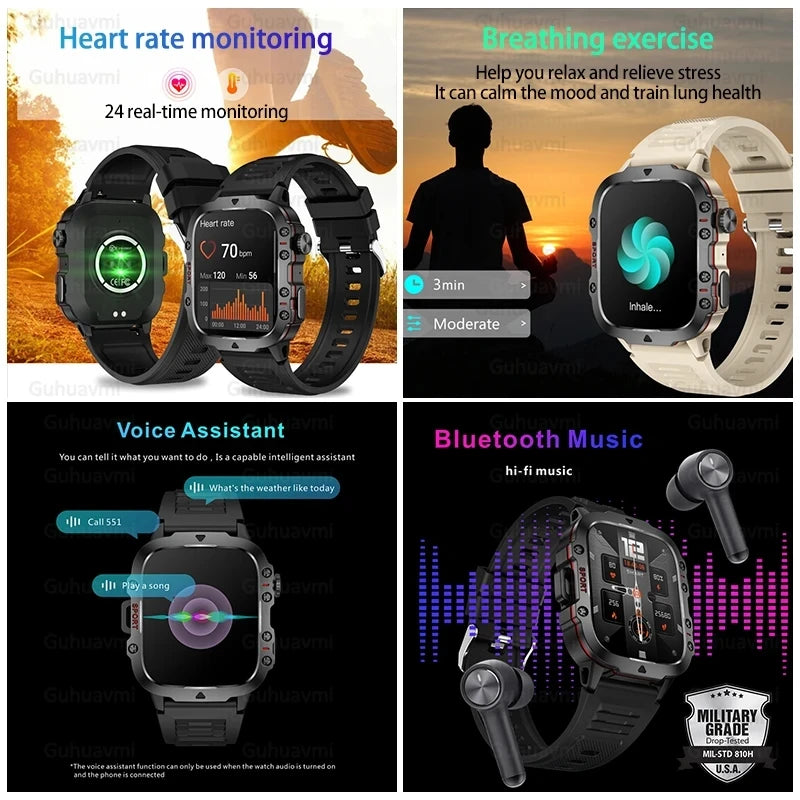 2024New Rugged Military Fitness Smart Watch Men For Android Xiaomi IOS 3ATM Waterproof Sport Ai Voice Calling Smartwatch Outdoor