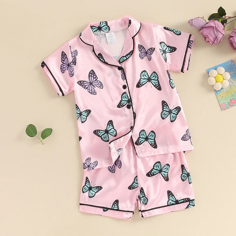 SUNSIOM Toddler Girls Pajama Sets Short Sleeve Lapel Shirt Butterfly Print Pants Sleepwear 2PCS Summer Casual Clothes