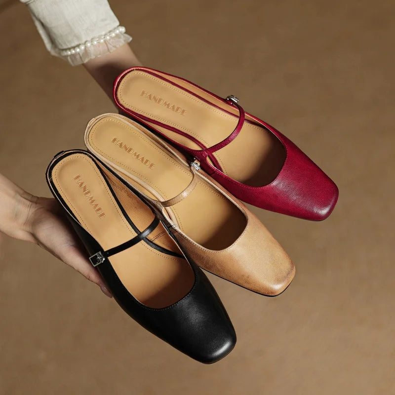 2026 New Summer Women Mules Genuine Leather Women Shoes Squared Toe med Heel Cover Toe Slingback Shallow Modern Slippers