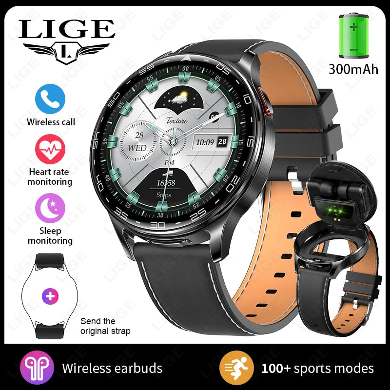 LIGE 2 In 1 TWS Headset Smart Watch 1.39" Women Men Sport Fitness Heart Rate Health Tracker Watches Earphone Music Smartwatch