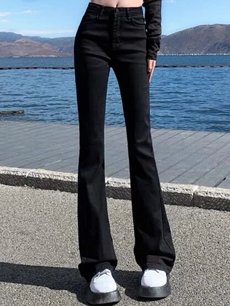 Women Korean Flare Jeans Girls High Waist Elastic Boot Cut Pants Lady Vintage Blue Black Gray Brown Denim Bell Bottom Trousers