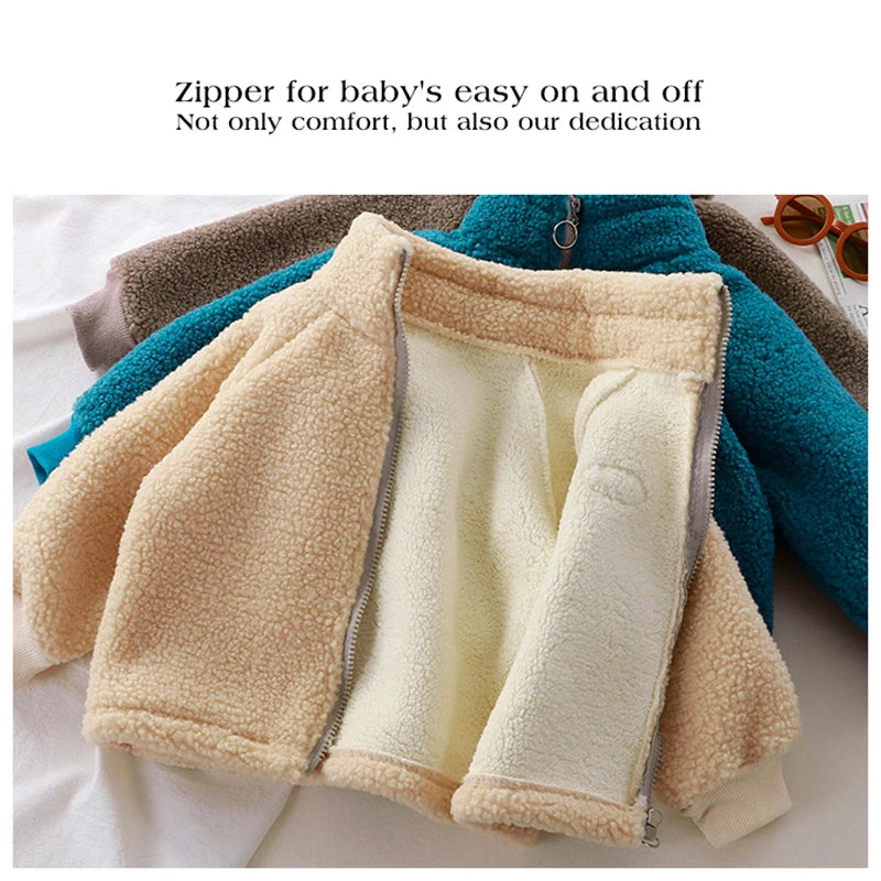 Children Plush Jacket Winter Baby Clothes Windproof Warm Thicken Velvet Kids Coat Boy Girl Toddler Lamb Fleece Turtleneck Tops