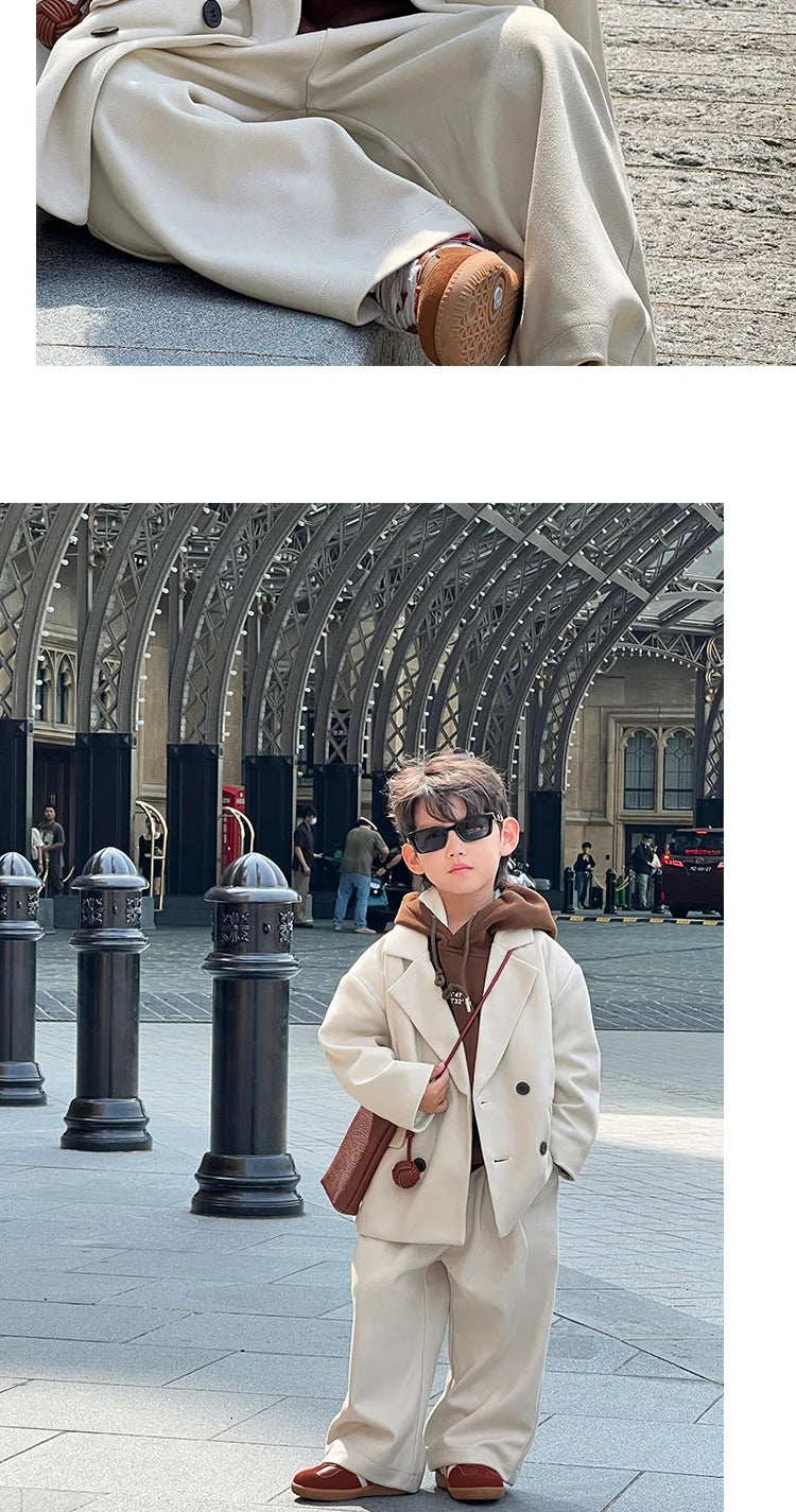 Boys Woolen Suit Set Autumn Winter Thicken Warm Casual Blazers Trousers Two-piece Children White Wedding Outfits 2 To 12 Years