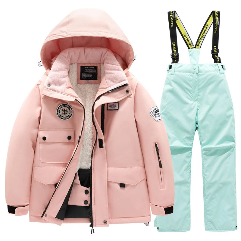 Winter children's skiing suit for boys and girls, windproof and waterproof thick coat for warmth and snow playing equipment