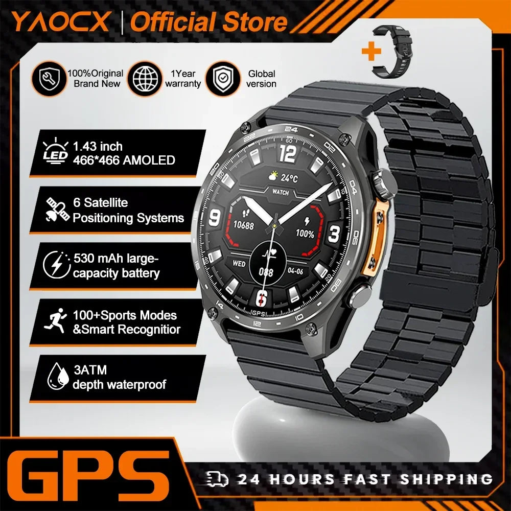 2026 New Smart Watch for Men with Built in GPS Maps 100+ Sport Modes 3ATM Waterproof BT Call MP3 MP4 Playback Altitude Compass