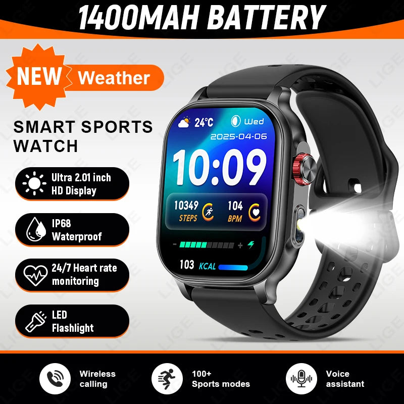 LIGE New Smart Watch Men Women 1400mAh Ultra Battery 2.01Inch HD Screen LED Flashlight IP68 Waterproof Bluetooth Call SmartWatch