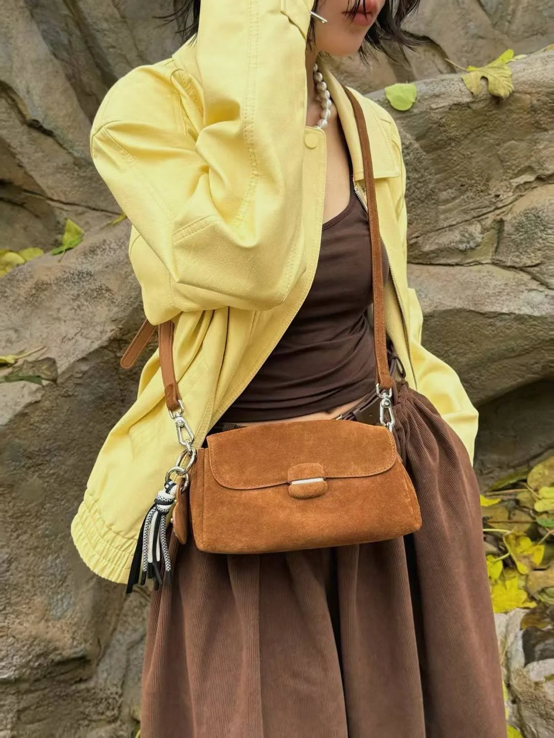 Genuine Grade Luxury Designer Women's Small Shoulder Crossbody Small Square Bags Suede Leather Female Daily Purse Underarm Bag