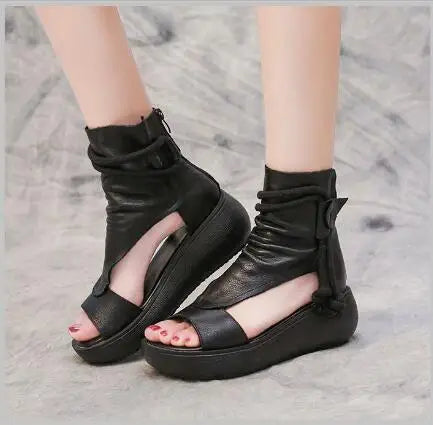 GKTINOO 2026 New Summer Black Women Leather Sandals Cool Boots Platform Shoes Wedges Sandals Women Shoes Fashion Outdoor Sandals