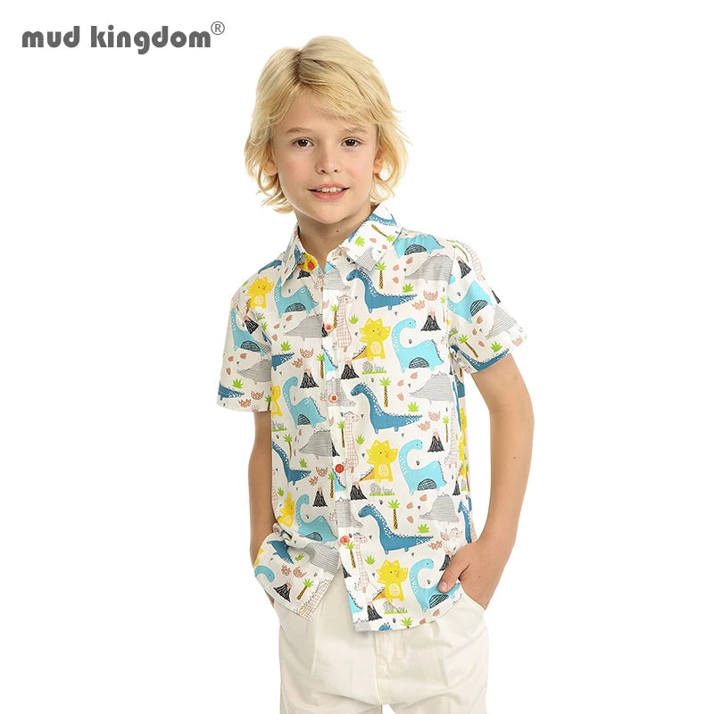 Mudkingdom-Camiseta hawaiana para niños, camisetas de manga corta con estampado Floral de dinosaurio, ropa para niños pequeños, camisetas con botones para vacaciones en la playa