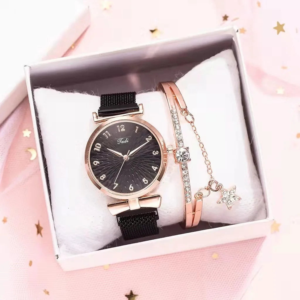 Fashion Women Watches Luxury Leather Buckle Flower Rhinestone Watch Ladies Quartz Wrist Watch Bracelet Set Reloj Mujer