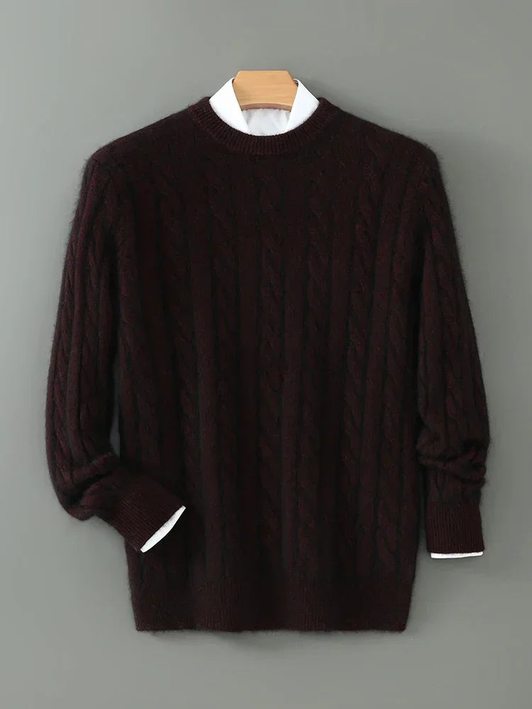 Mink Cashmere Cable Knit Pullover for Men O Neck Casual Autumn Winter Sweater Top