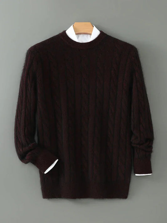 Mink Cashmere Cable Knit Pullover for Men O Neck Casual Autumn Winter Sweater Top