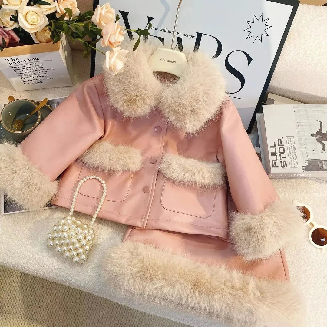 Girls' Clothing Set Autumn/Winter Children's Plush Thick PU Coat+Half Skirt 2-piece Set New Year's Wear