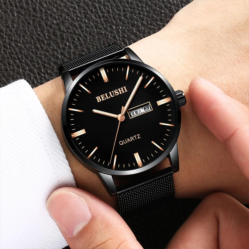 BELUSHI New Simple Student Fine Steel Mesh Wristwatch Waterproof Brand Man Watch Quartz Watch Men's Watch reloj hombre