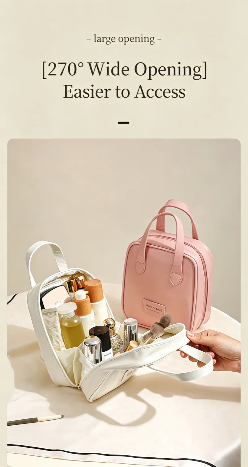 Cream Style PU Makeup Bag Portable Handheld Large Capacity Waterproof Cosmetic Organizer Bag Travel Women Beauty Storage Bag