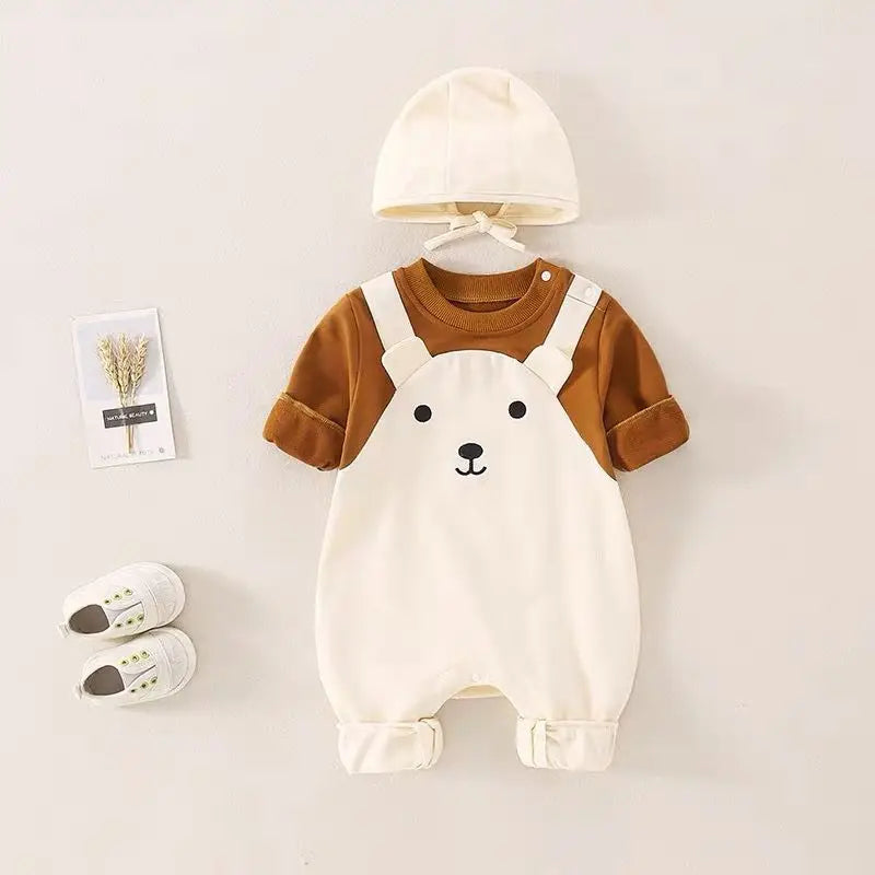 Autumn Baby Clothes Newborn Outfit Super Cute Baby Jumpsuit Contrasting Color Suspenders and Hood Outdoor with Cap