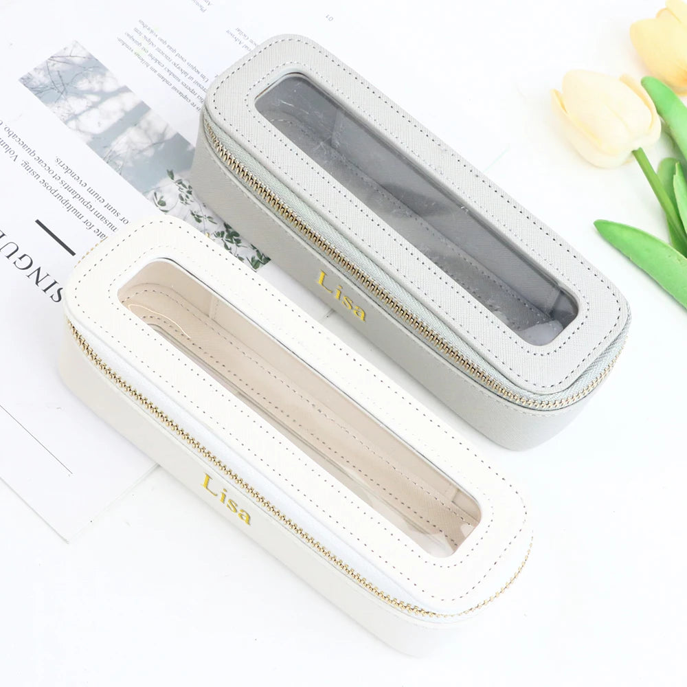 Customized Name PU Leather Women's Transparent Makeup Brush Box, PVC Makeup Bag Women's Toiletries Accessories