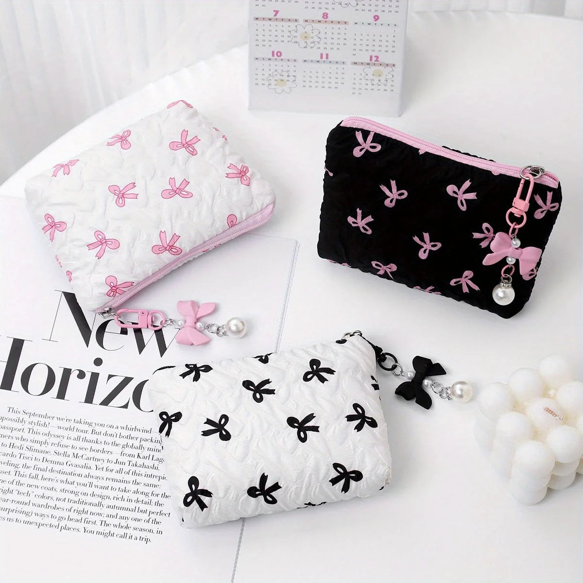 Embroidered Bow Makeup Bag, High Appearance Level, Coin Purse Storage Bag, Cute, Large Capacity, High-End Makeup Bag
