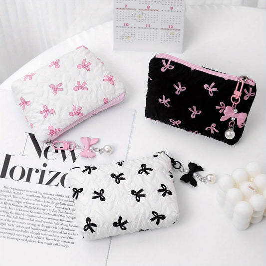 Embroidered Bow Makeup Bag, High Appearance Level, Coin Purse Storage Bag, Cute, Large Capacity, High-End Makeup Bag
