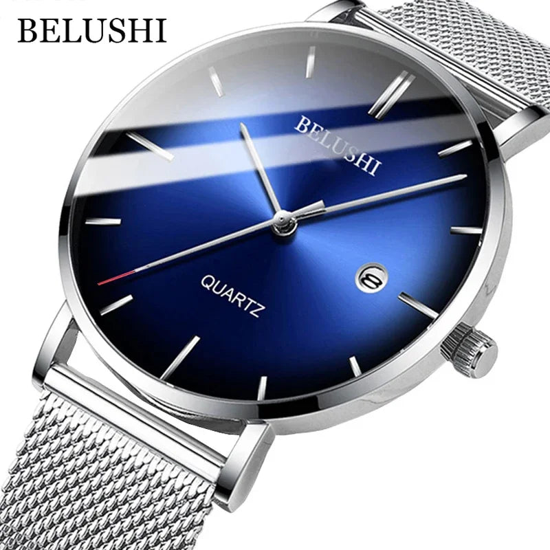 BELUSHI Fashion Mens Watches Top Brand Luxury Slim Steel Mesh Quartz Watch Men Business Waterproof Analog Wrist Watch Male Clock