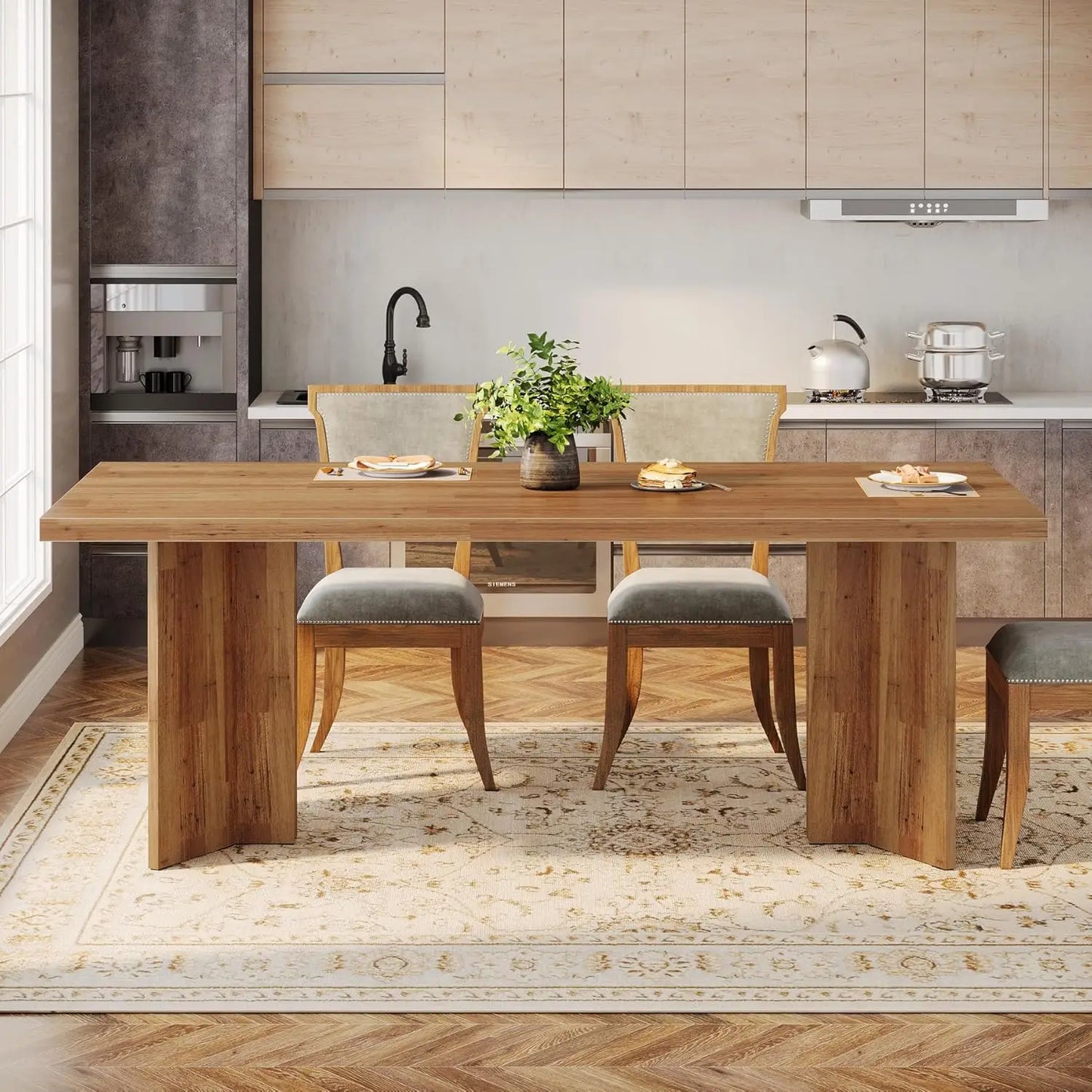 Farmhouse Dining Table for 4 to 6 People, 63-inch Rectangle Wooden Kitchen Table with Large Tabletop and Heavy Duty, Customized
