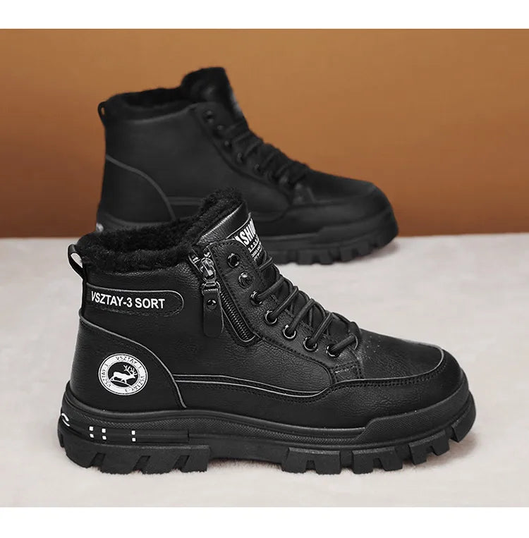 Winter Fleece-Lined Warm High-Top Men's Boots, Korean Style Versatile Men's Boots, Thickened Lightweight Cotton Shoes, Trendy Outdoor Snow Boots