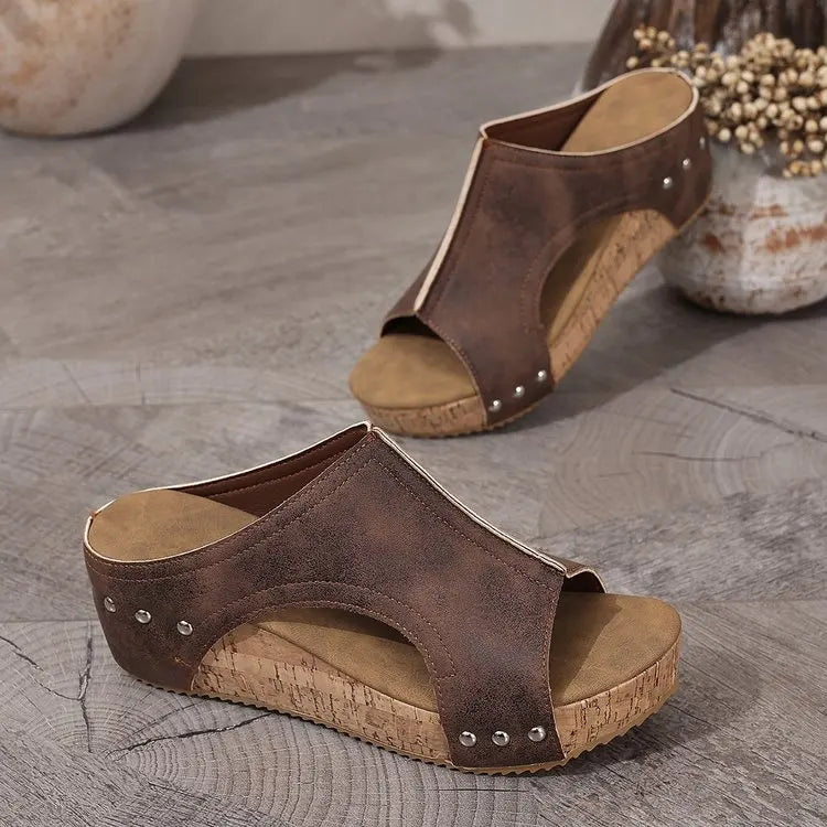 Women's Fashion Wedge Sandals Cork Platform Mules Open Toe Studded Slide Sandals Casual Summer High Heel Slides for Women Ladies