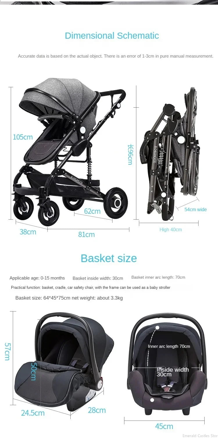 Baby stroller 3in1 with car seat with ISOFIX base, luxury high landscape baby carriage aluminum alloy frame travel stroller