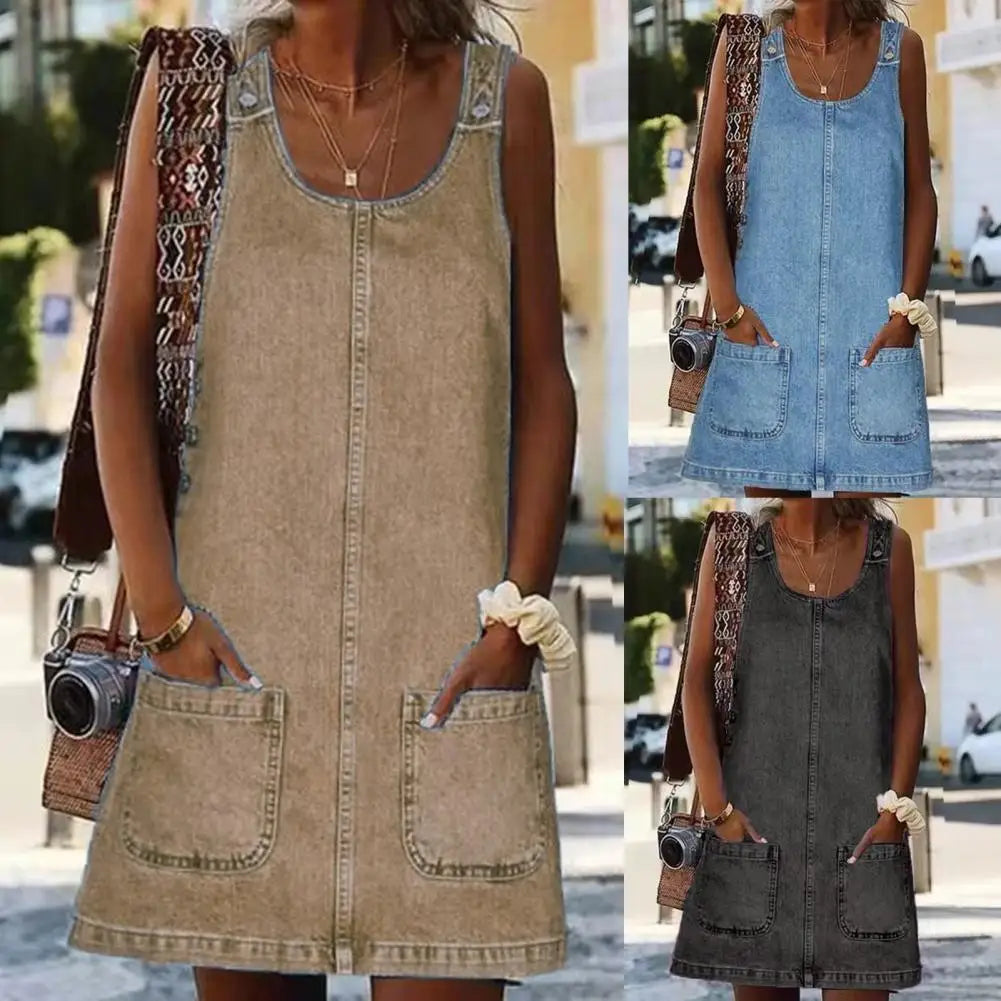 Fashion Faux Denim Dress Breathable Suspender Dress Skin-touch Pure Color Summer Faux Denim Dress Wear Resistant