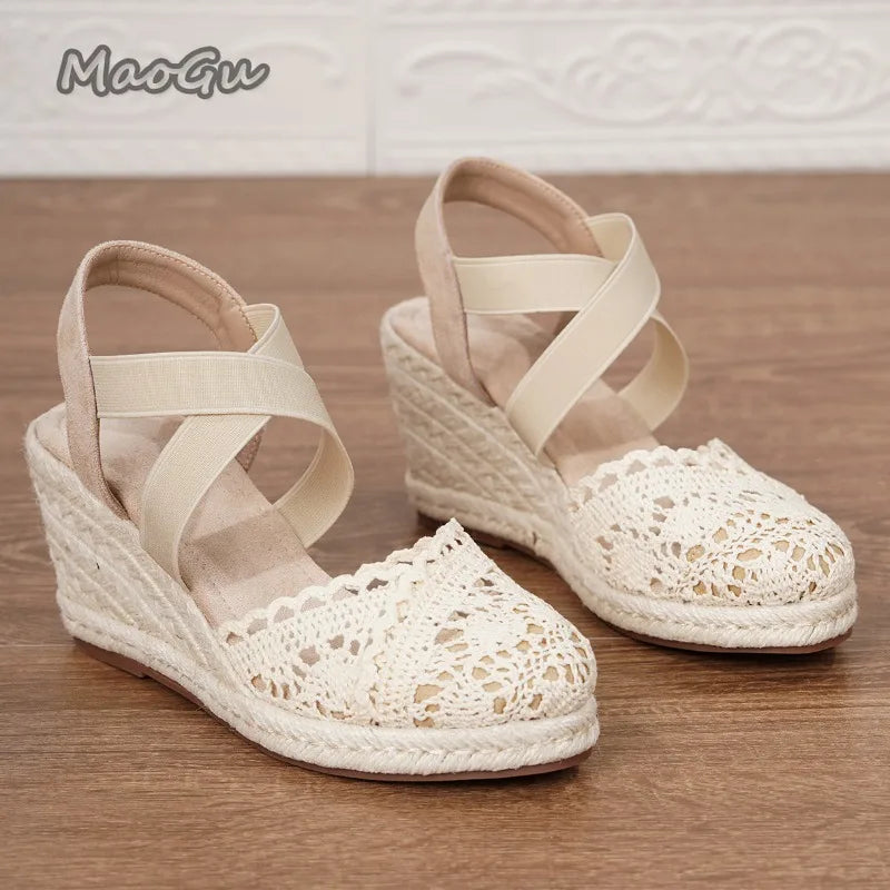 Women's Espadrilles Summer Lace Wedge Sandals Cover Toe Elastic Ankle Strap Shoes Ladies Platform Espadrille Comfortable Shoes