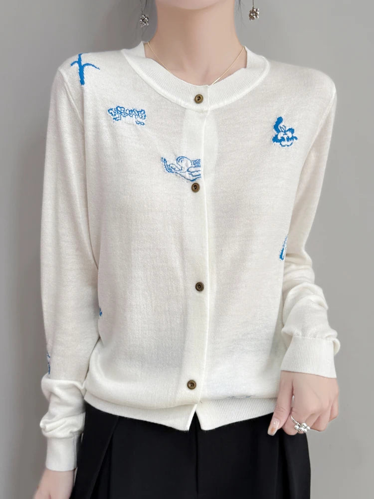 2025 New Merino Worsted Wool Women Sweater Spring Female Knitted Cardigan Long Sleeve Solid Clothing Tops Embroidery Outerwear