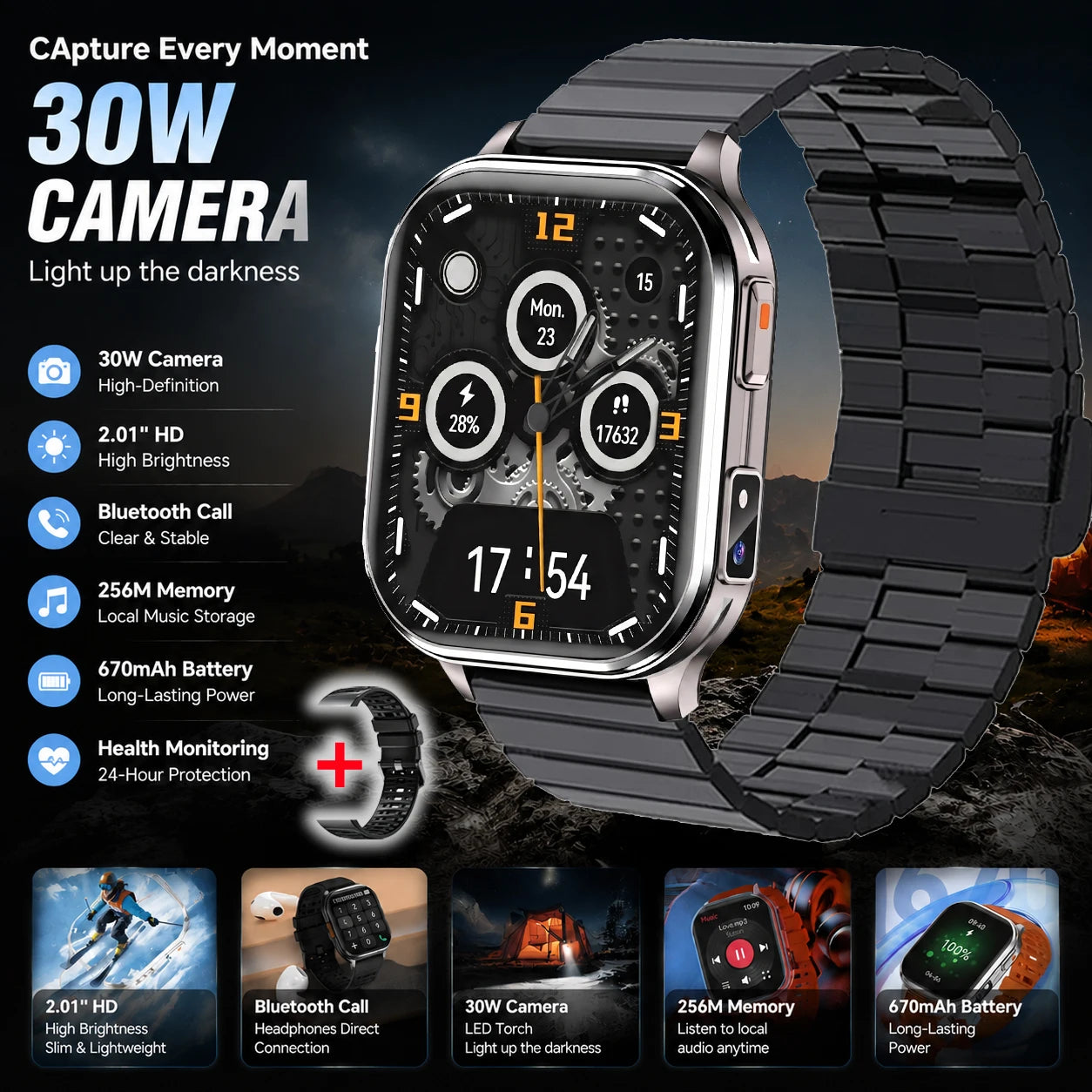 New Smart Watch 2.01" 30W Camera LED Torch 256MB Memory 670mAh Waterproof Health Monitoring 100+ Sports Mode BT Call Smart Watch