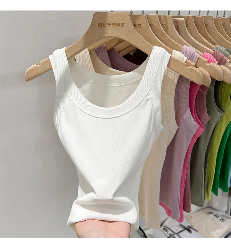 Women Solid Round Neck Ribbed Tank Top Camisole Women 2026 Summer Basic Elastic Tank Top O Neck Solid Tank Top