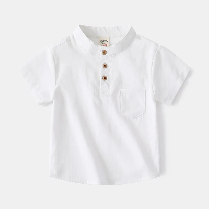 Summer Boys Short Sleeves Shirts 2-7Years Kids Korean Version V-Neck White Aqua Blue Blouses Baby Solid Color Casual Top