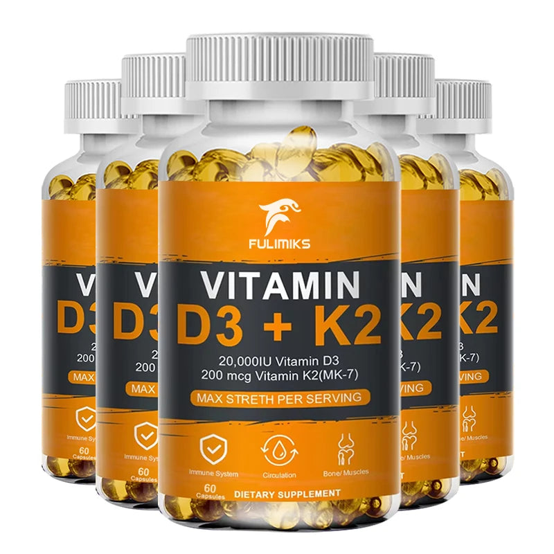 Vitamin D3 K2 Capsule - 20,000 IU Vitamin D3 Promotes Strong Bones, Calcium Absorption, Teeth, Heart, Cardiovascular Health