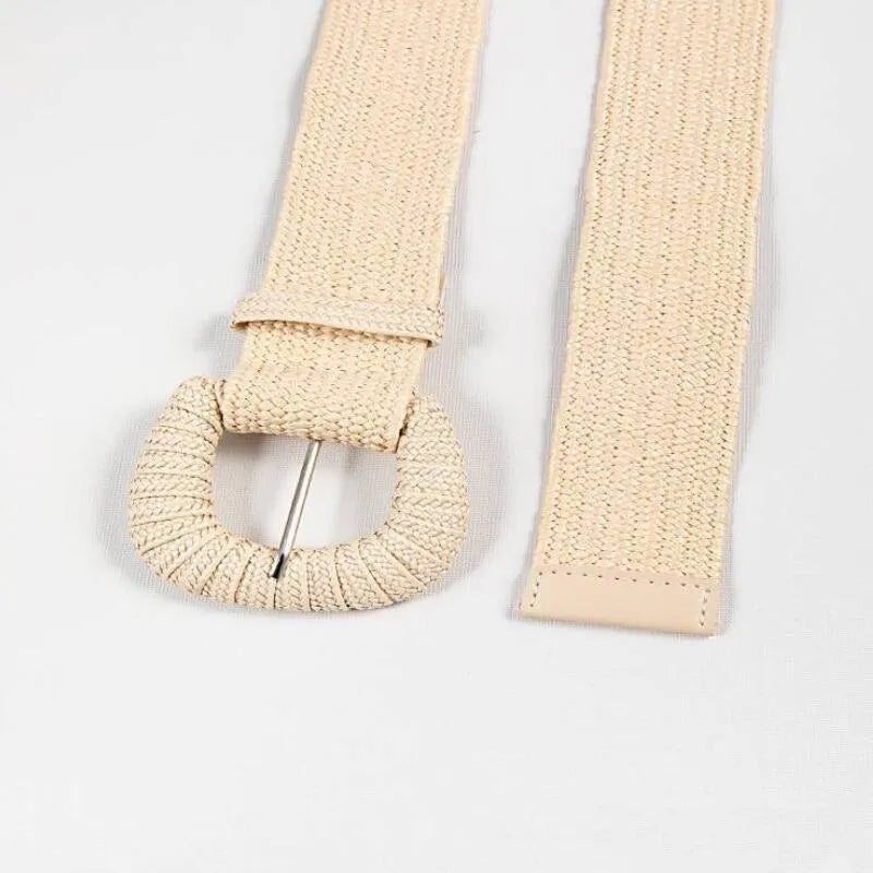 New Retro Women Summer Pin Buckle Belts Fashion Female Braided Wide Belts Designer Woven Elastic PP Straw Grass Girls Waistband