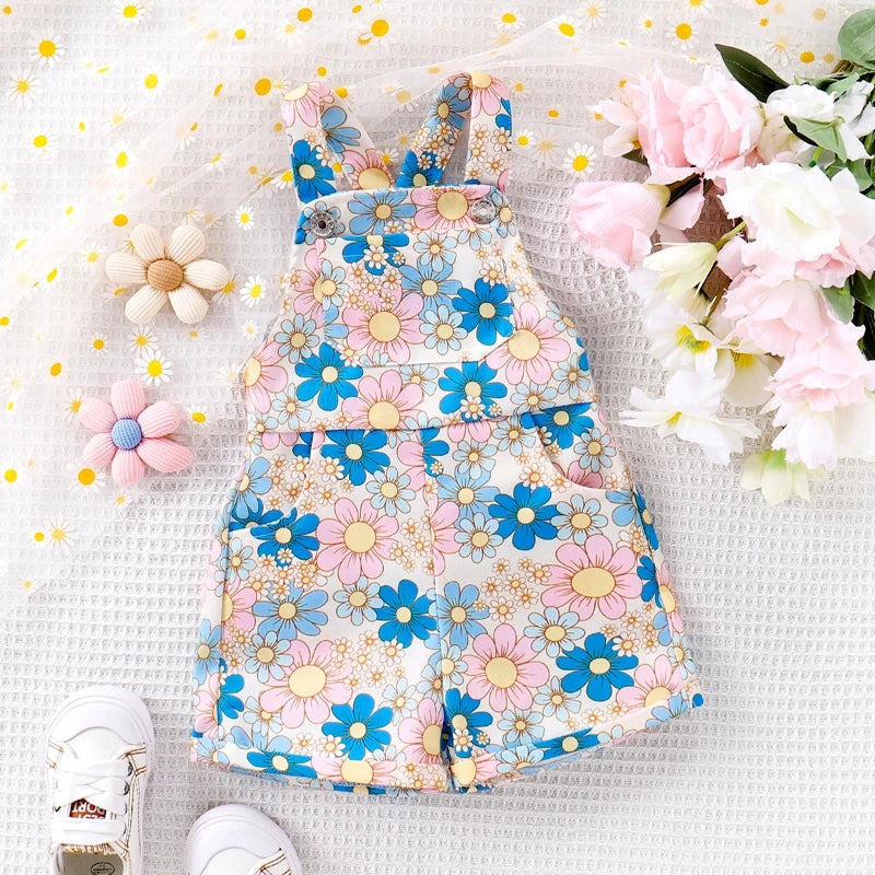 Fashion Toddler Kids Baby Girls Overalls Flower Print Sleeveless Straps Buttons Pockets Shortall Summer Kids Romper Jumpsuits